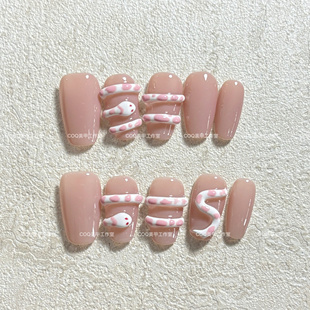 纯手工穿戴甲粉嫩立体造型小蛇美杜莎辣妹美甲可拆卸甲片 实拍