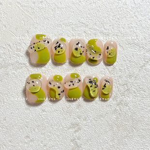 纯手工穿戴甲可爱立体芥末绿蛋壳指甲贴片成品短款 显白 实拍