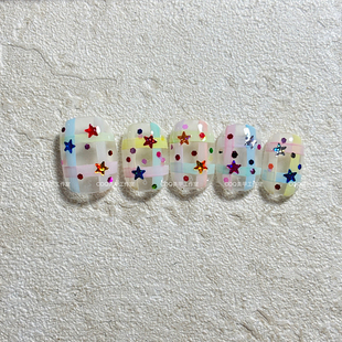 纯手工穿戴甲ins风可爱星星手绘格纹美甲贴片甲片 宠粉福利