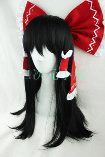 东方project 博丽灵梦 黑色60cm cosplay假发 长直发 发饰