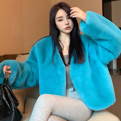 实拍韩版秋冬仿兔毛皮草环保毛绒外套气质上衣加厚高级感短款大衣