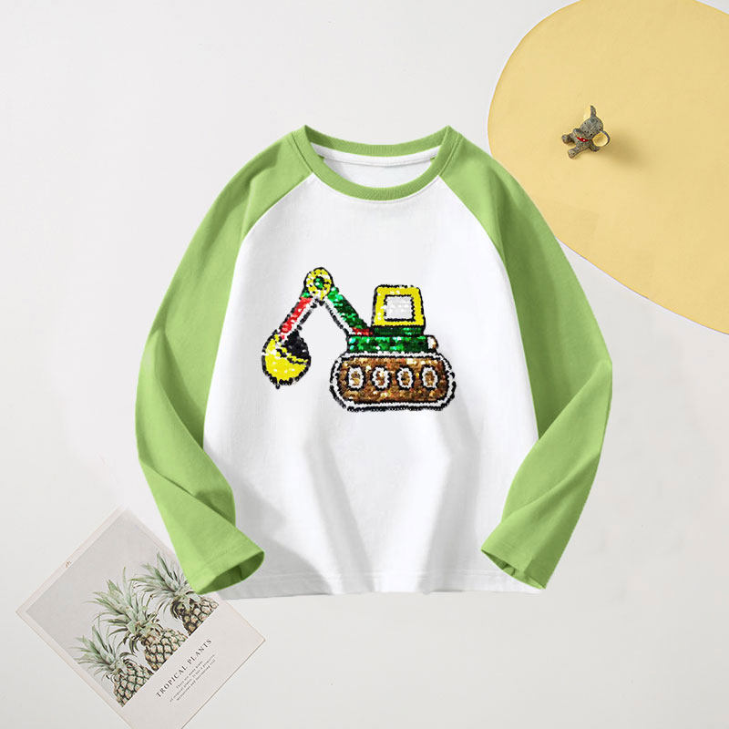 春秋季儿童长袖变色纯棉t恤中小男童男宝宝亮片百搭拼接上衣薄款