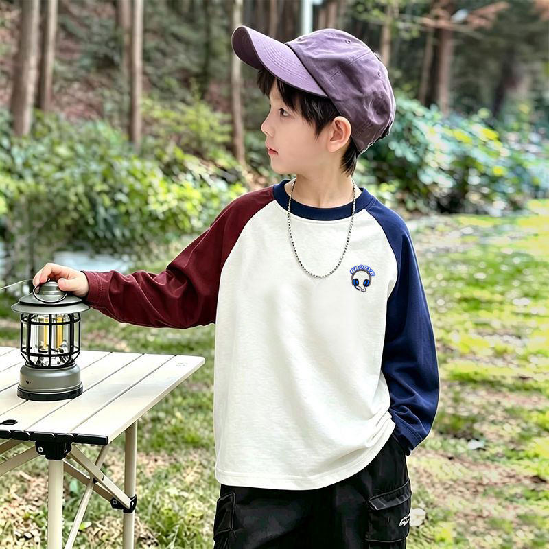 春秋季男童t恤长袖纯棉儿童秋装拼接圆领衣服中大童男宝帅气童装