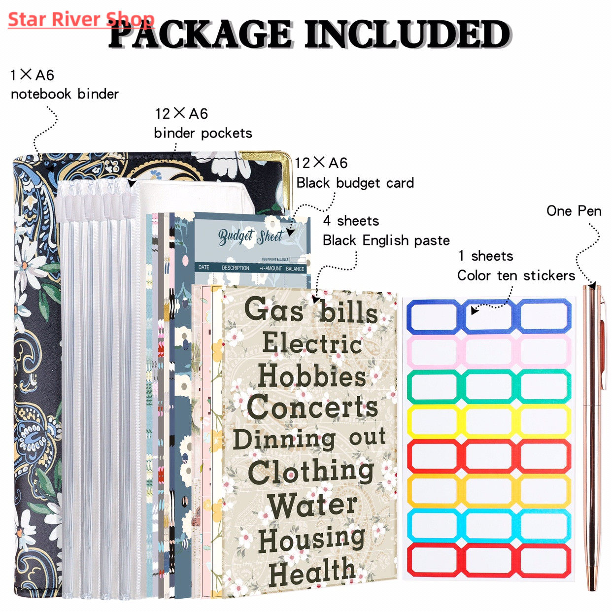 A6 PU 가죽 바인더 예산 플래너 현금 봉투 지갑 포함