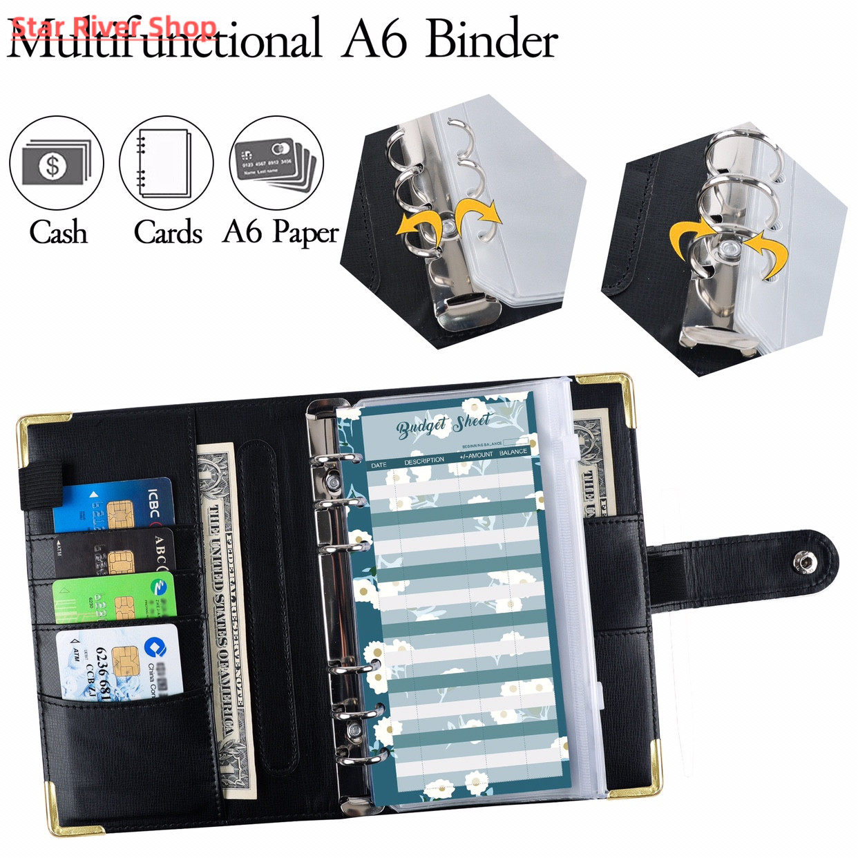 A6 PU 가죽 바인더 예산 플래너 현금 봉투 지갑 포함