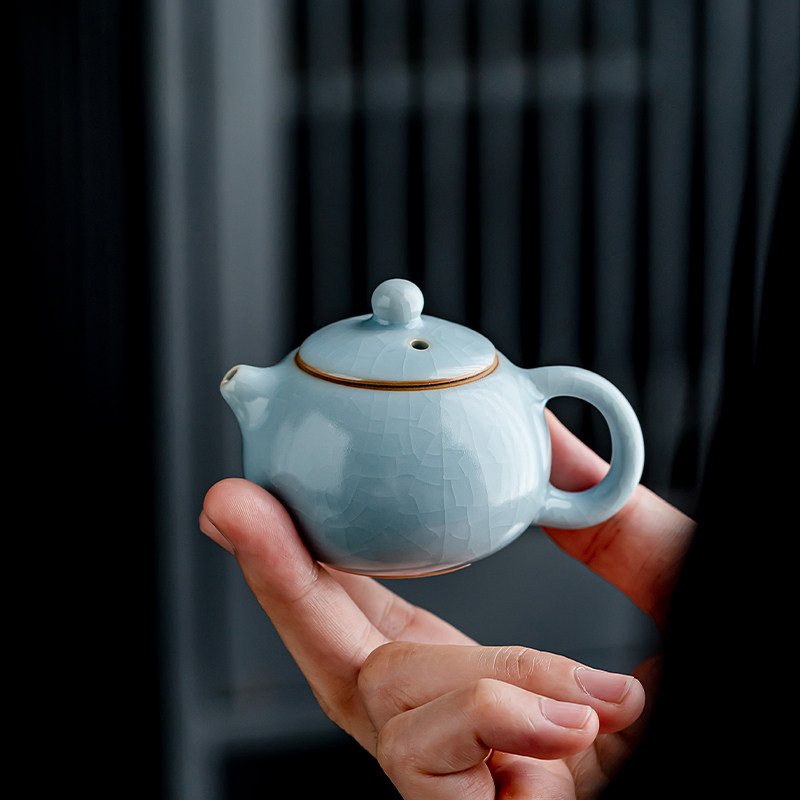 冰裂天青汝窑一人迷你小茶壶泡茶壶茶宠摆件开片陶瓷茶具单人小壶