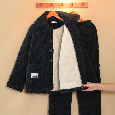 男士冬季睡衣三层夹棉保暖家居服