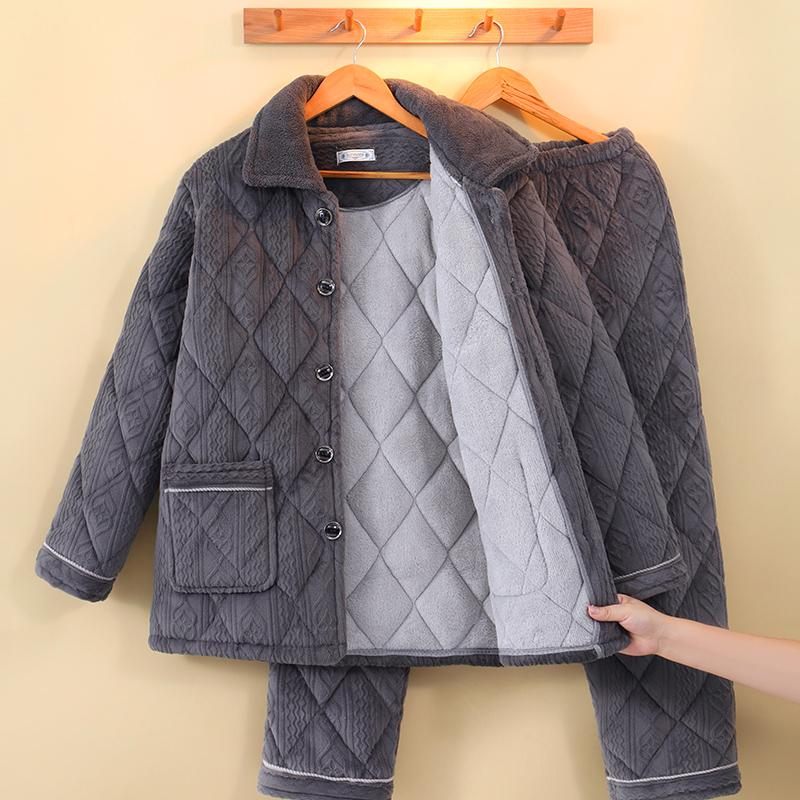 冬季男士睡衣保暖三层夹棉中老年