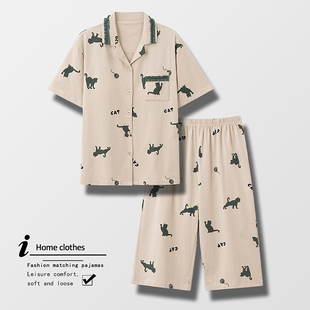 薄款 纯棉睡衣女士夏季 宽松全棉夏款 七分裤 家居服 夏季 两件套装 短袖