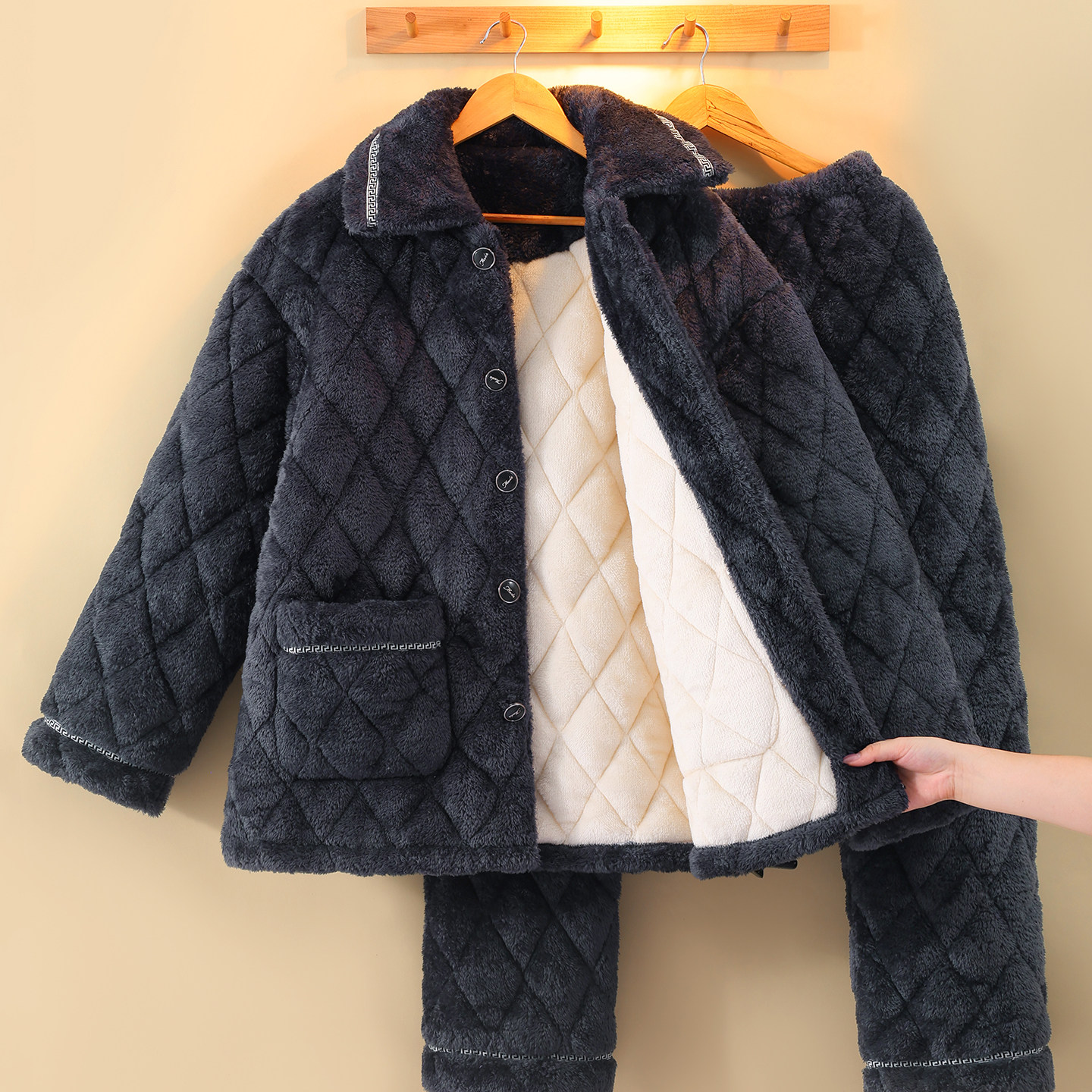 秋冬季男士睡衣加厚加厚三层夹棉