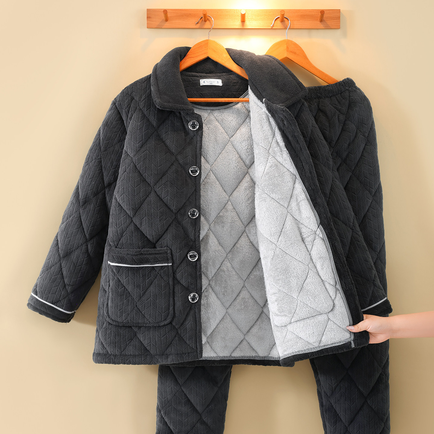 爸爸睡衣冬季加厚三层夹棉家居服