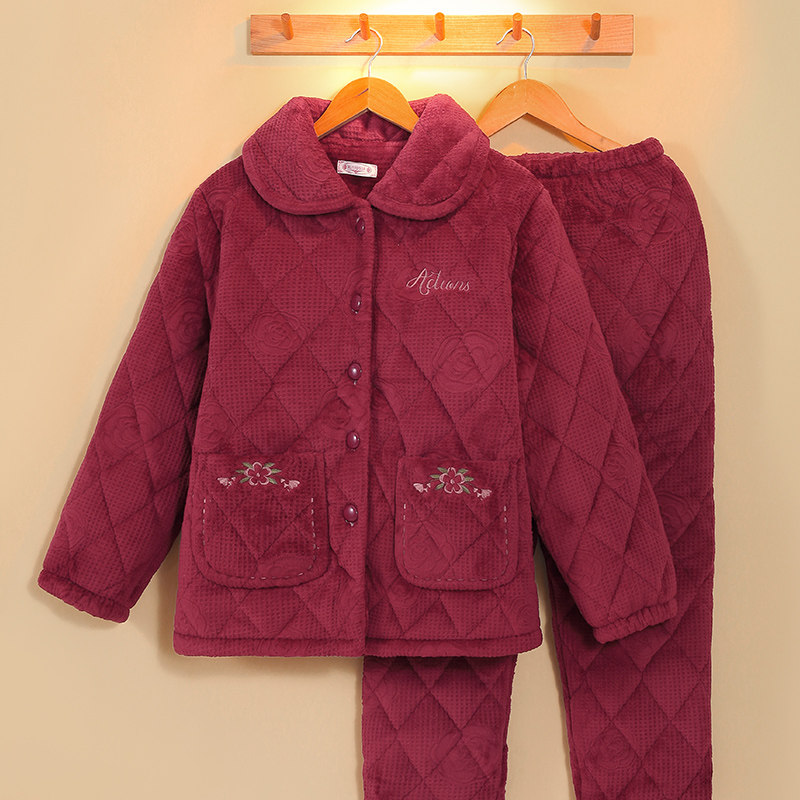 中老年睡衣女士冬季加厚加绒保暖三层夹棉袄妈妈珊瑚绒家居服套装