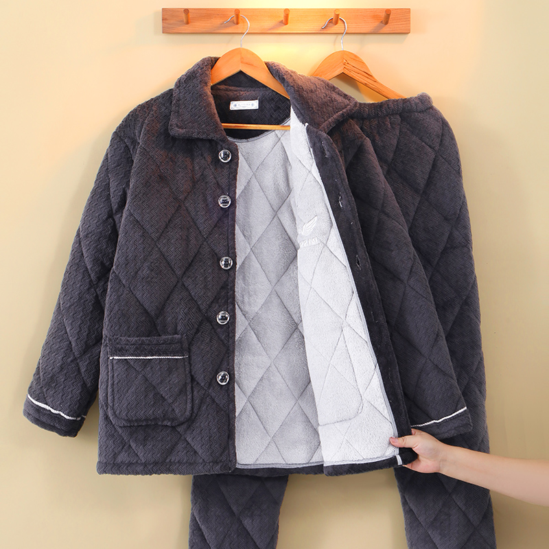 爸爸睡衣男冬季加厚加绒三层夹棉