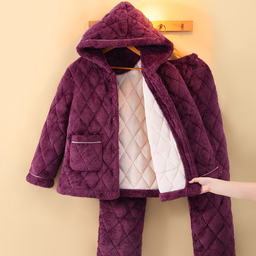 连帽睡衣女冬季加厚中老年家居服