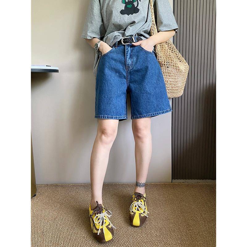 蔓延深蓝色牛仔短裤女2025夏季新款高腰显瘦宽松阔腿直筒五分中裤