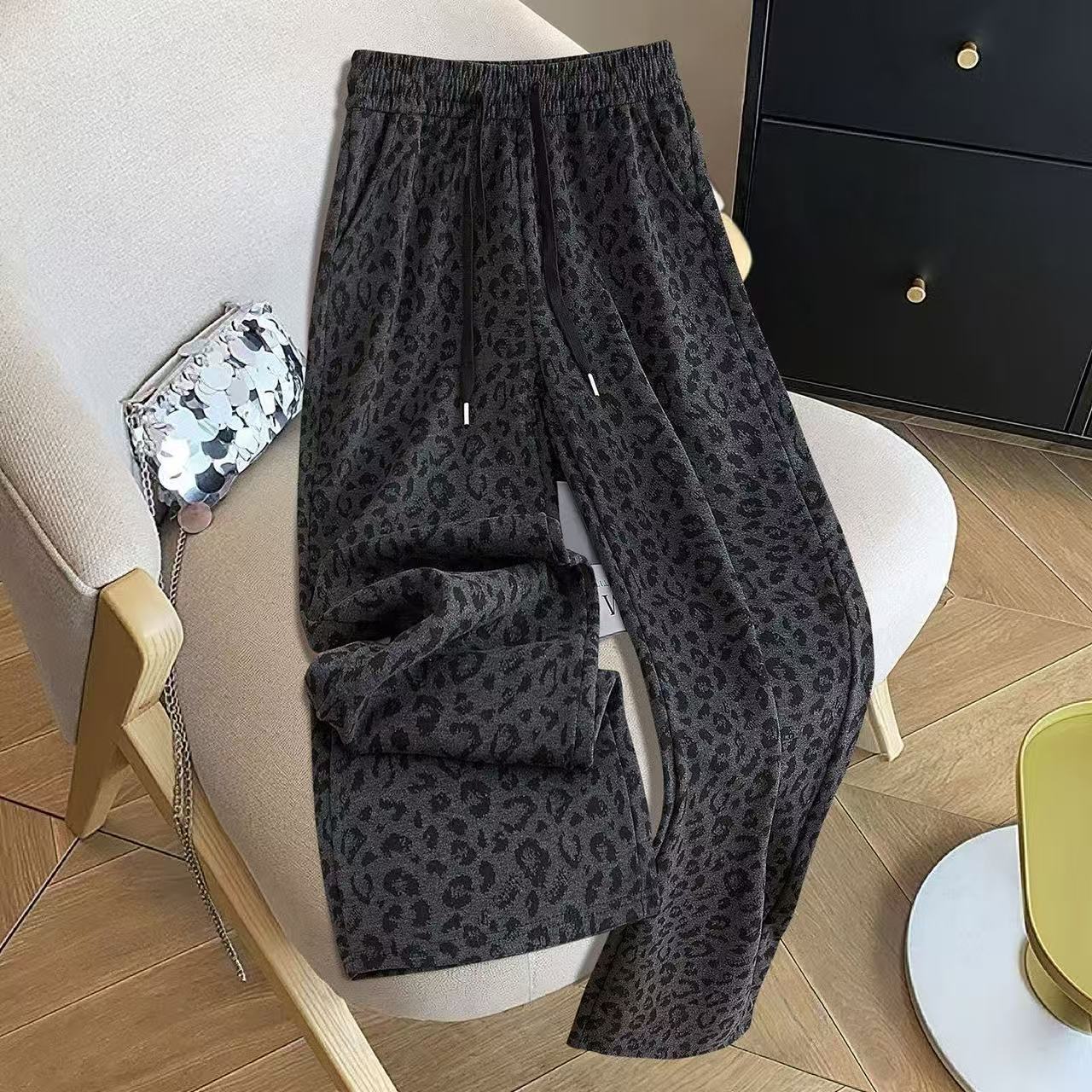 加绒加厚豹纹印花休闲长裤女秋冬新款高腰显瘦阔腿裤