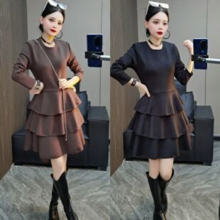 设计感轻奢名媛多层次连衣裙2025秋冬季新款荷叶边a字裙