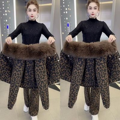 2025时尚洋气豹纹套装秋冬新款复古外套爆款两件套毛领休闲裤时尚