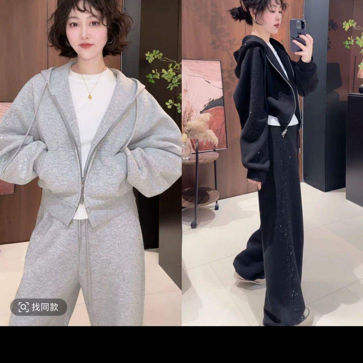 大码韩版休闲运动套装2026春秋新款灰色连帽开衫外套直筒两件套