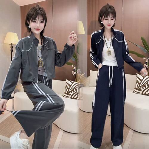 大码秋季立领外套女士春季两件套套装阔腿弯刀裤显瘦减龄休闲时尚