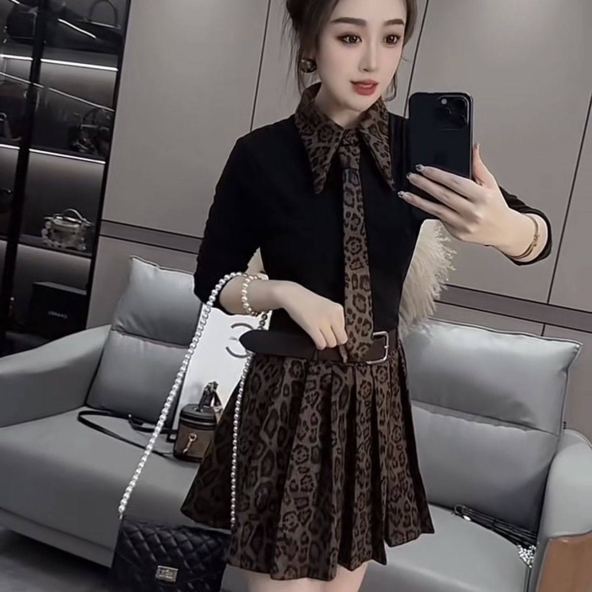 网红欧货爆款2025时尚新款豹纹气质拼接显瘦连衣裙洋气百褶裙