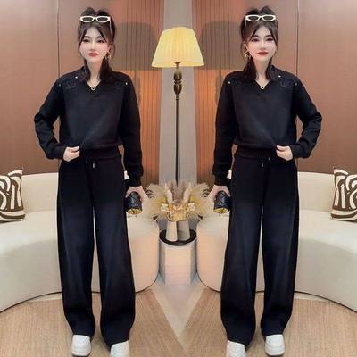 欧货运动休闲套装女2025秋冬新款时尚显瘦加厚卫衣阔腿裤两件套潮