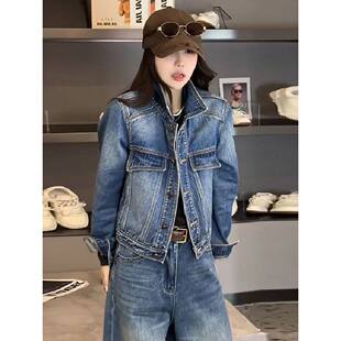 欧洲站牛仔套装女春秋款2026新款polo领短款夹克外套阔腿裤两件套