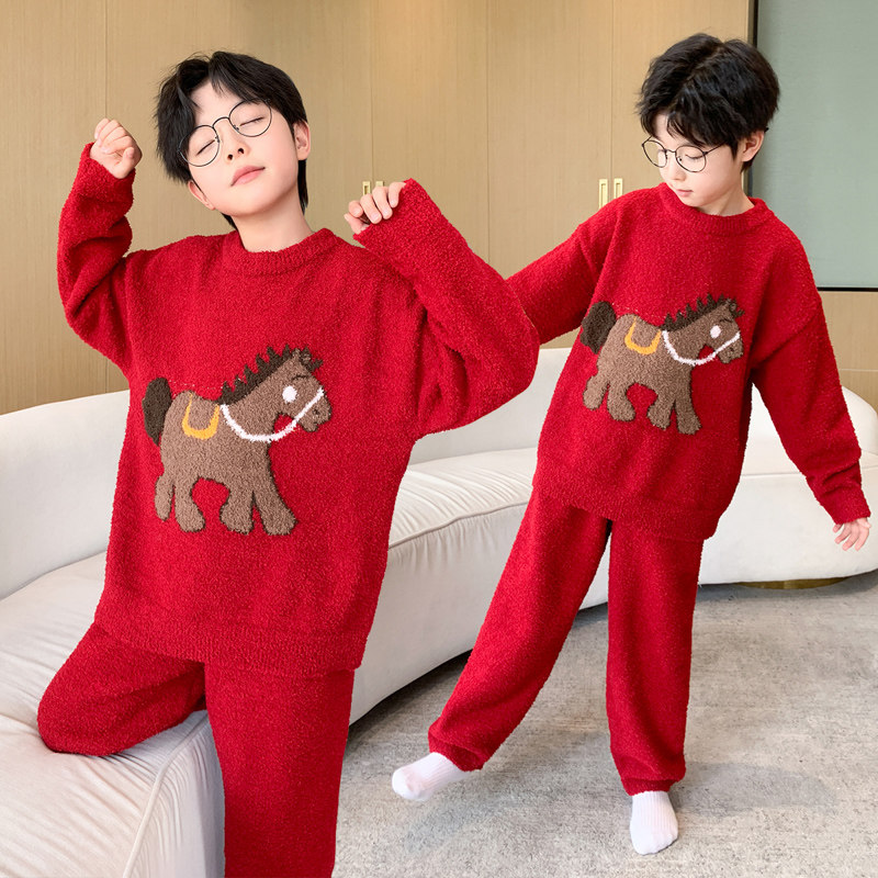 红色卡通马半边绒家居服套装男童冬季本命年保暖珊瑚绒睡衣