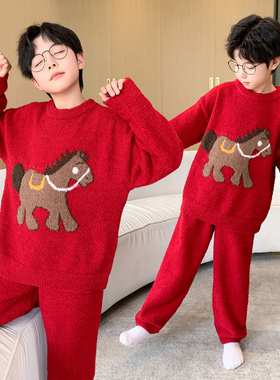 红色卡通马半边绒家居服套装男童冬季本命年保暖珊瑚绒睡衣