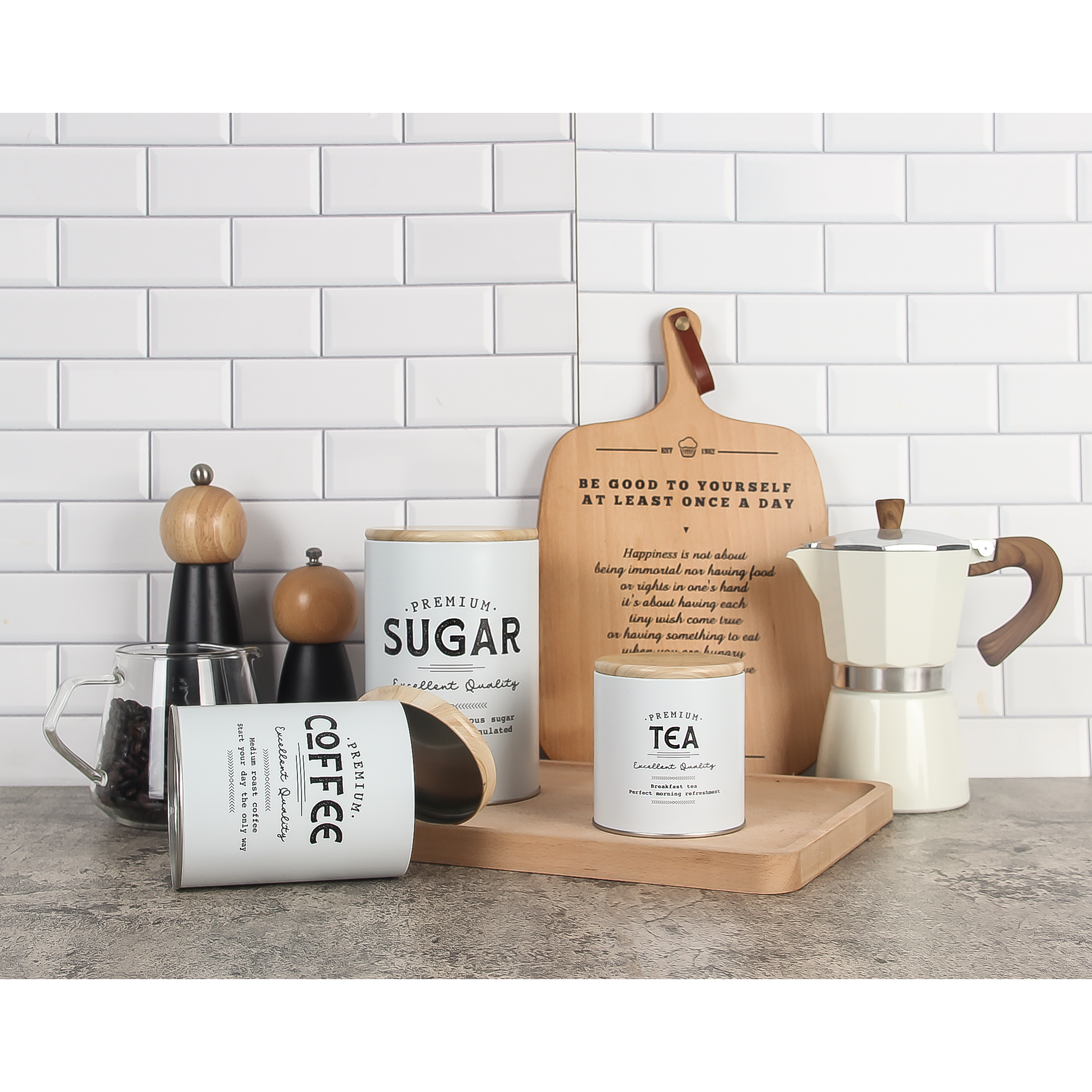 简约现代轻奢样板房间厨房软装具摆件茶叶咖啡豆白色英文储物罐子