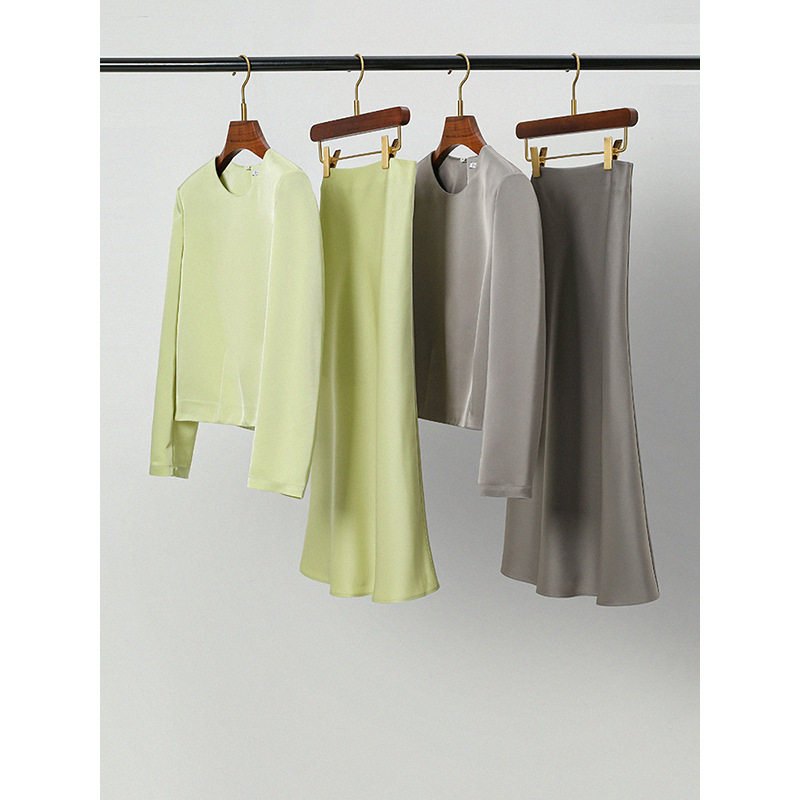 现货厂家 春夏新品 三醋酸  双面缎纹衬衫半身裙套装女两件套