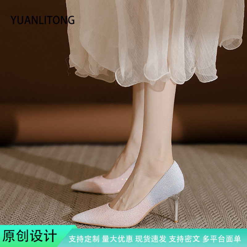 渐变闪粉尖头高跟鞋女细跟浅口单鞋婚鞋不磨脚百搭宴会款工厂直供