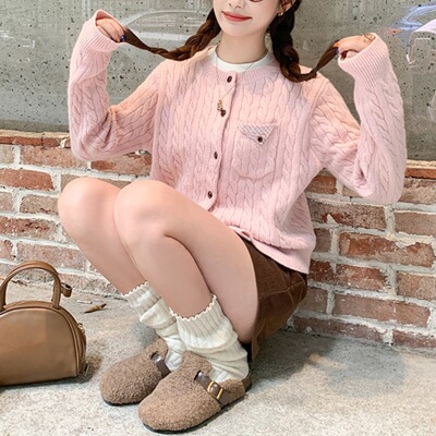 甜美风麻花针织开衫女早春设计感小众短款毛衣外套小个子温柔上衣