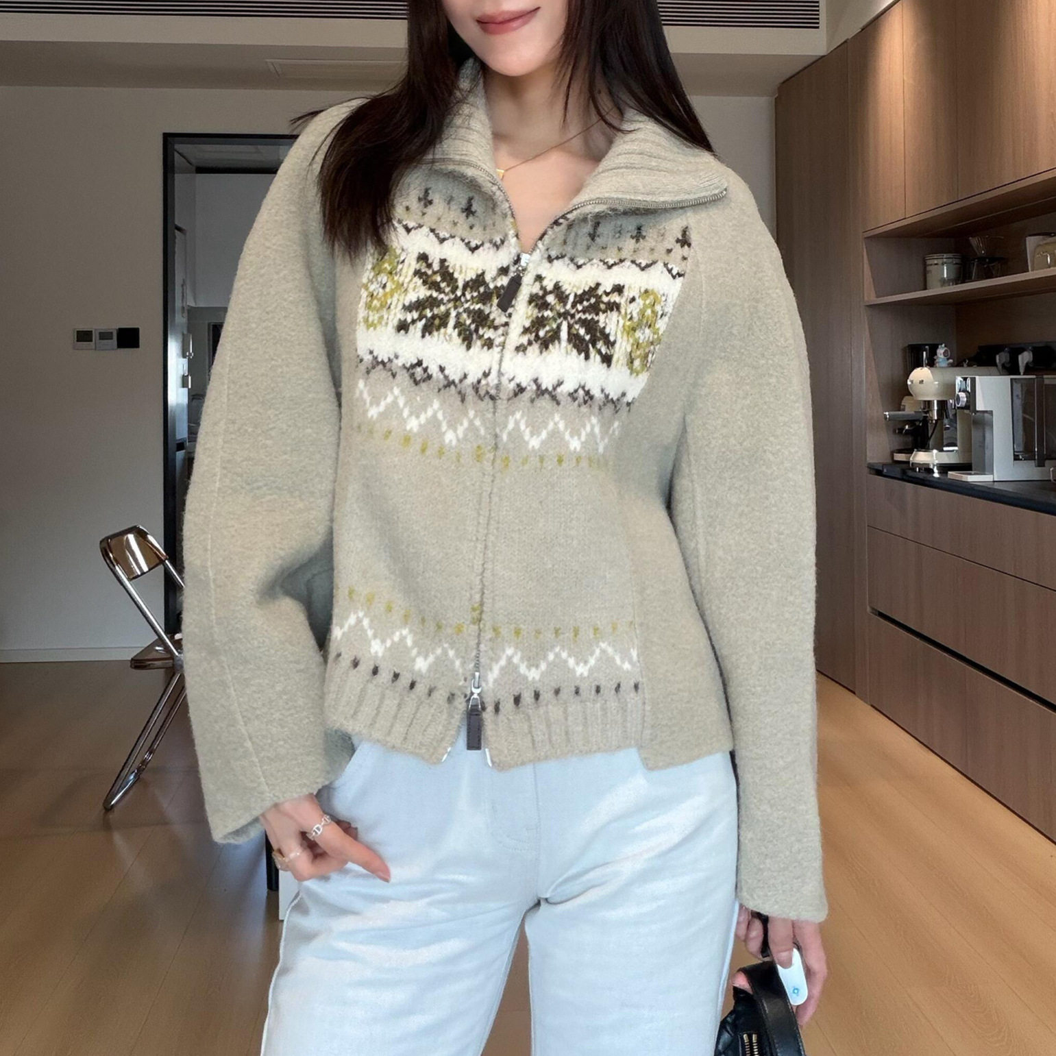 SW费尔岛绵羊毛混纺针织毛呢外套拼接双面尼短款拉链上衣 S4MN002