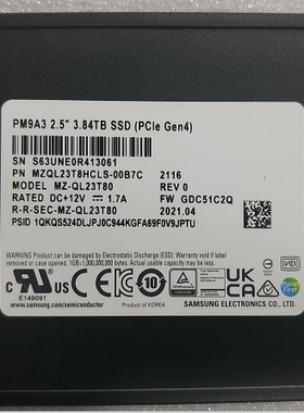 三星PM9A3 3.84T 2.5寸 NVME SSD U.2固态硬盘