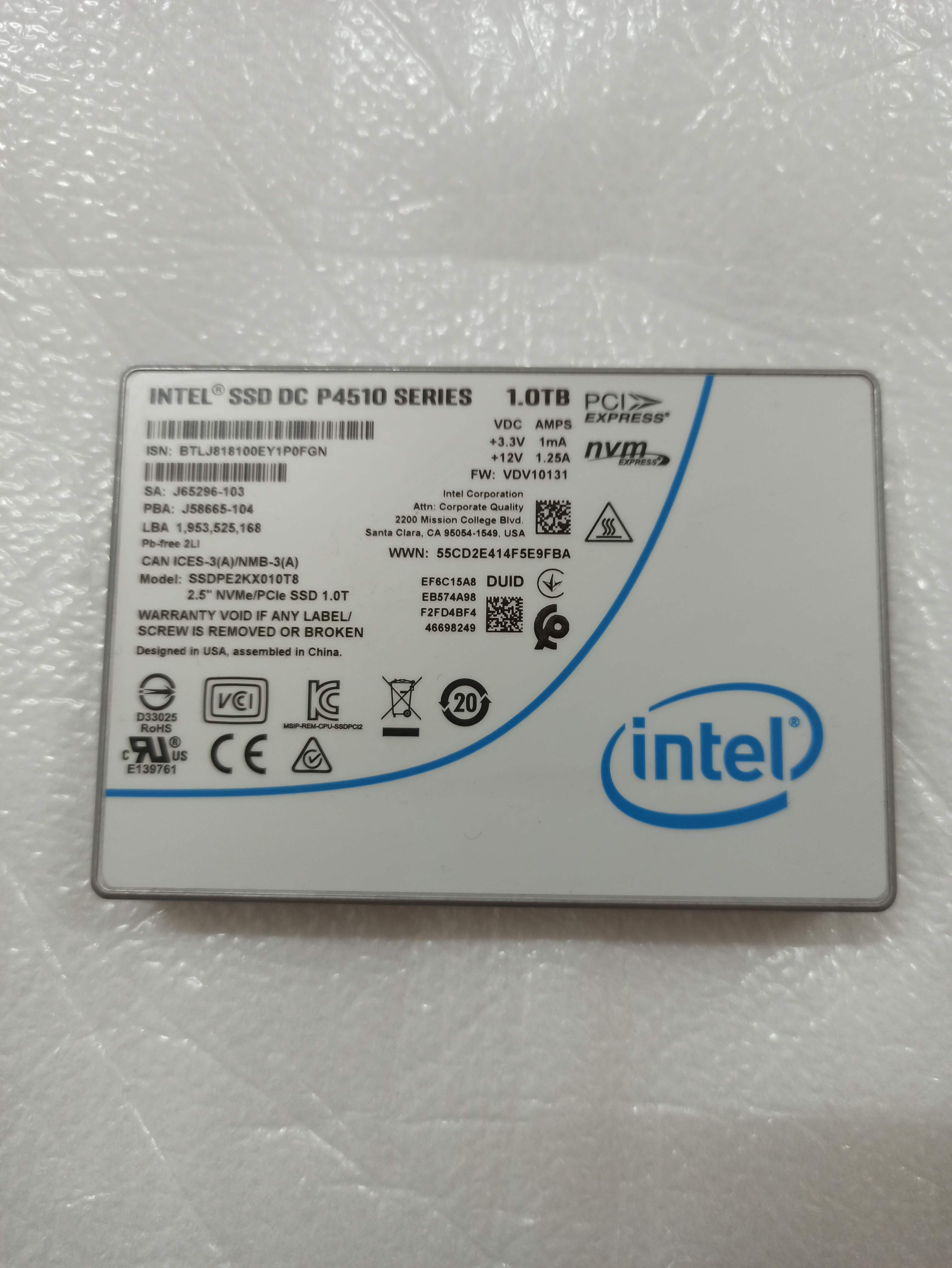 Intel英特尔P4510 P4500 1TB 1T 2.5寸 U.2 NVMe SSD固态硬盘PCIe