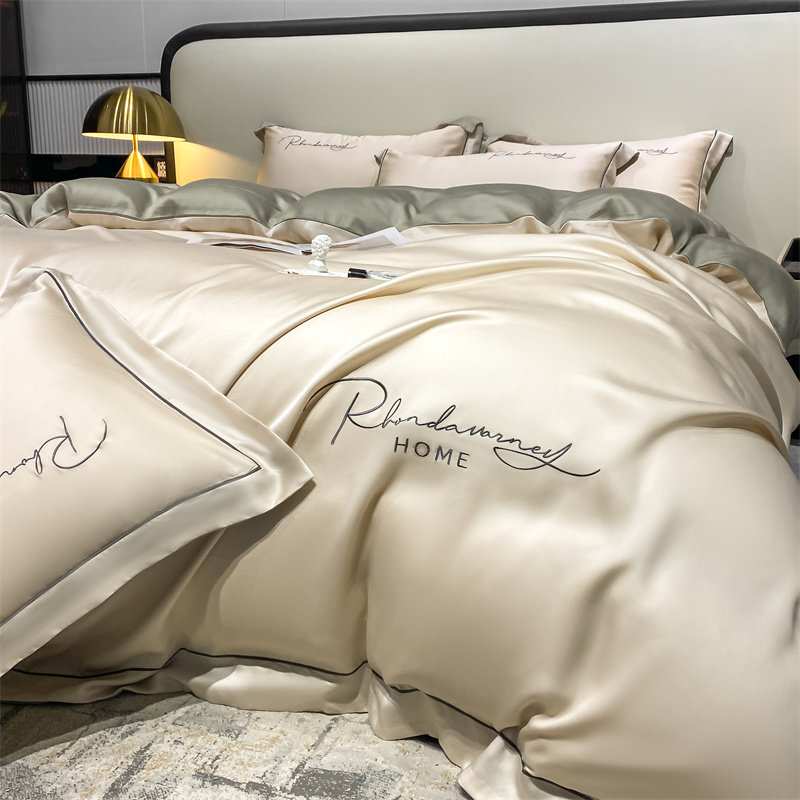 春夏轻奢水洗真丝刺绣字母织带四件套高级感床上用品冰丝床单被套