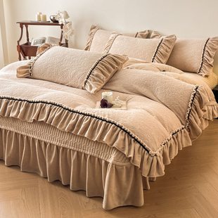 南方玫瑰~冬天雕花牛奶绒花边四件套双面绒加厚绒床上用品一套装