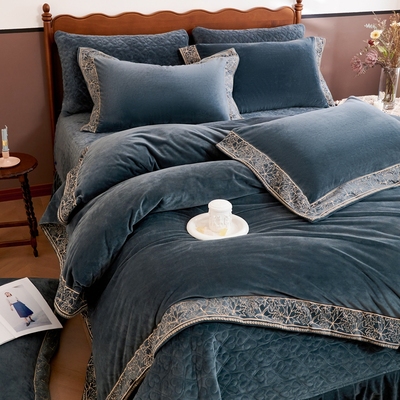 家居好物轻奢北欧宽边刺绣宝宝绒夹棉床笠四件套冬天加厚床上用品