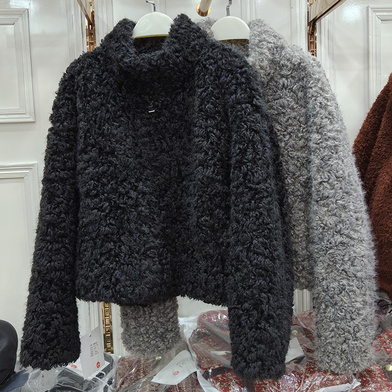 立领拉链皮草短款外套女百搭小个