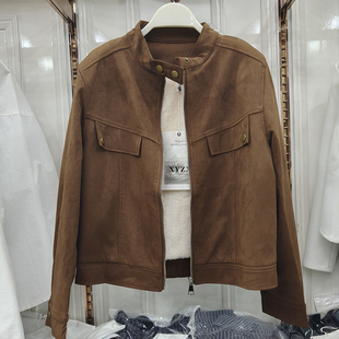 加绒长袖 风立领休闲上衣 上衣女2025冬外套女小个子麂皮绒夹克工装