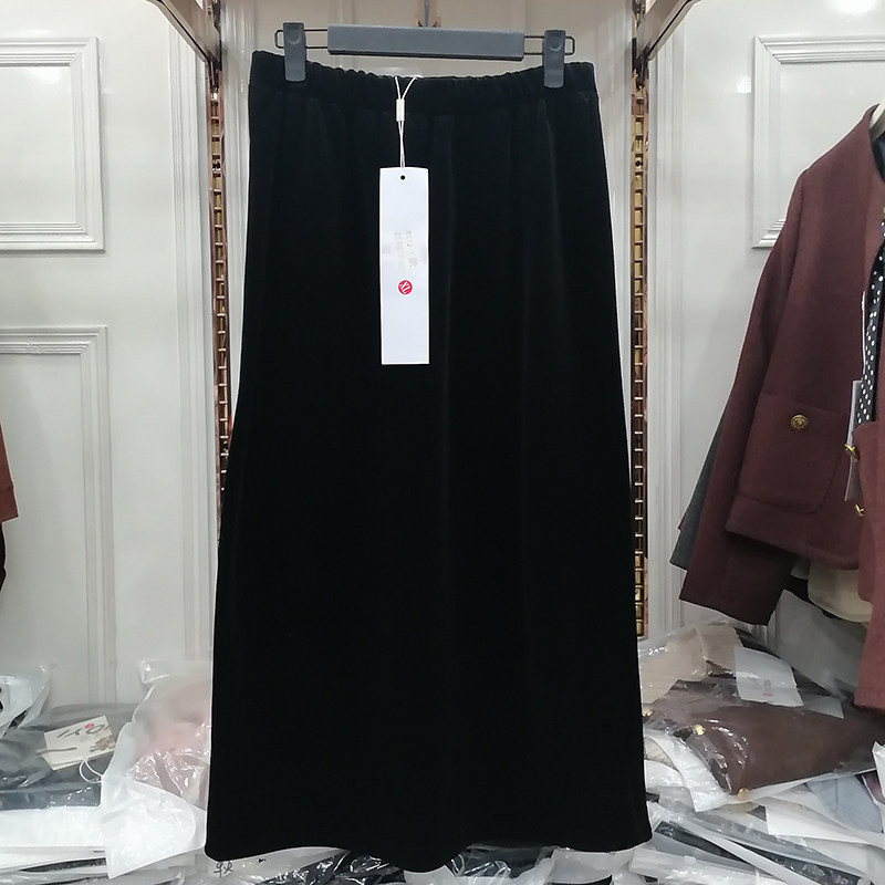 2026春秋黑色金丝绒半身裙加绒加厚中长裙高腰显瘦直筒包臀开叉裙