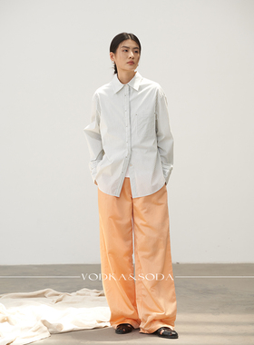 vodka&soda/6折清仓 春夏宽松廓形蓝色米杏条纹长袖休闲衬衫女