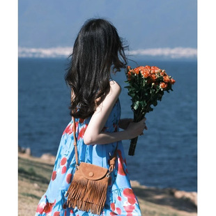 气质吊带连衣裙温柔风仙女印花长裙子 海边度假沙滩裙绝美茶歇法式