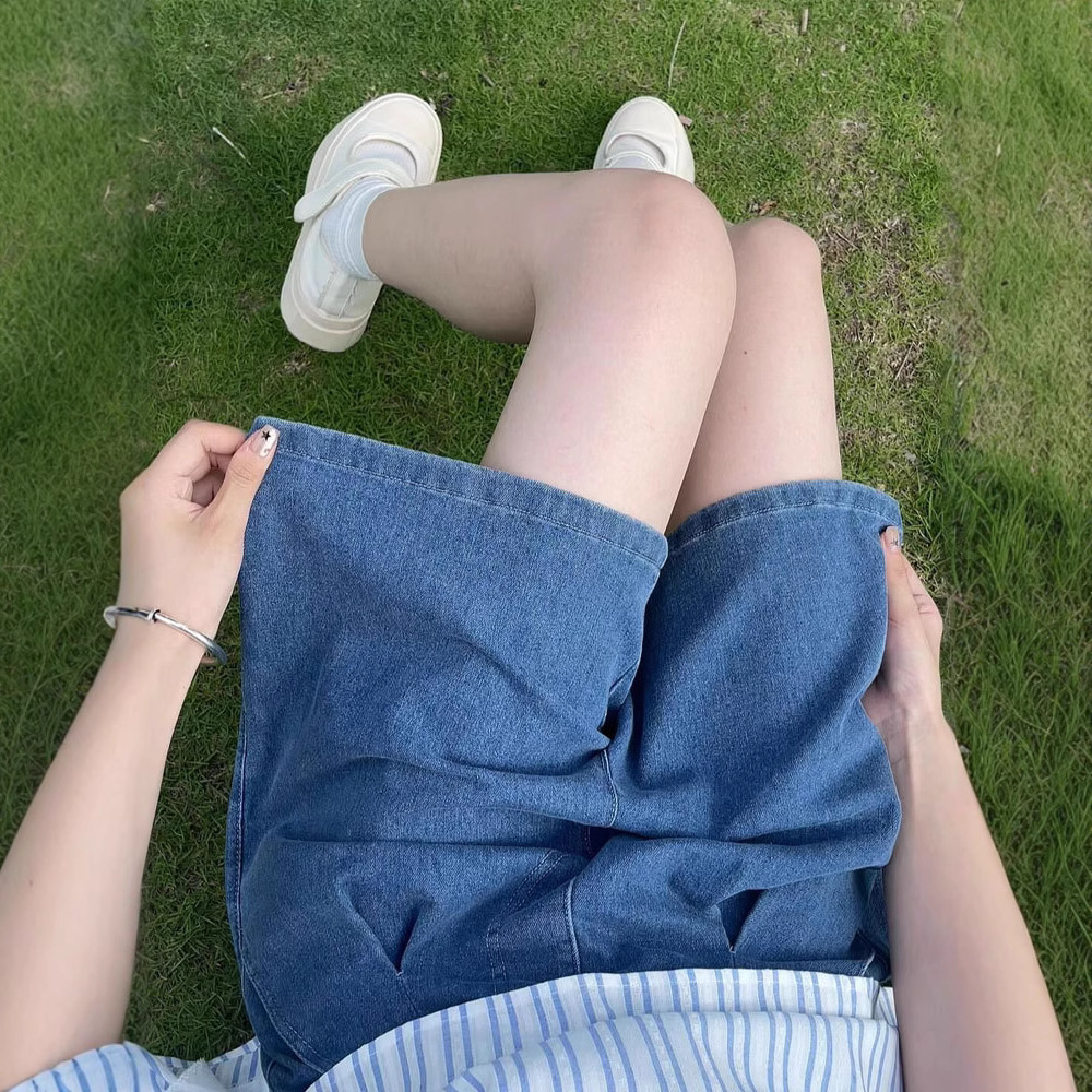 天丝牛仔短裤女2025新款夏季高腰宽松a字大码胖mm显瘦冰丝五分裤