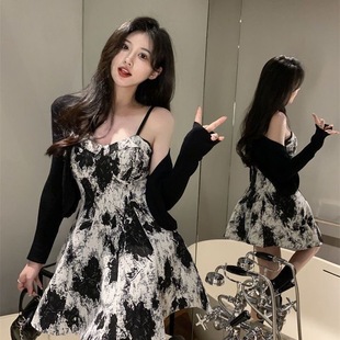 纯欲风水墨吊带连衣裙套装 外套显瘦水墨短裙子 女辣妹防晒薄款 开衫