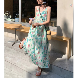 甜美晕染v领吊带裙甜美沙滩连衣裙子 夏日郁金香度假风吊带裙夏季