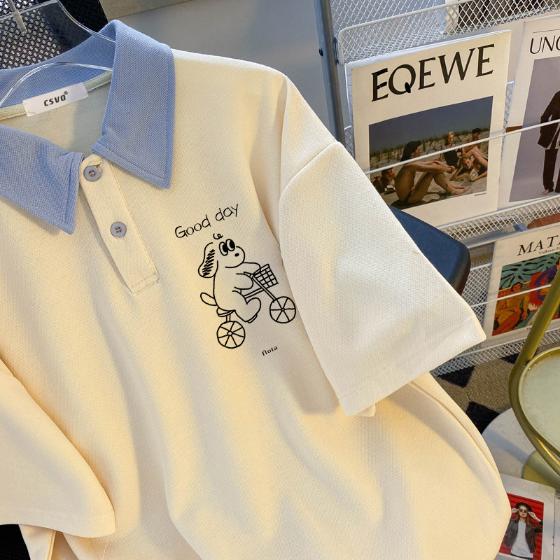 CSVQ CHILDRENS BICYCLE DOG POLO COLLAR SHORT SLEEVE T-SHIRT WOMENS AGE REDUCTION COLLEGE CASUAL BLUE LOOSE TOP SUMMER