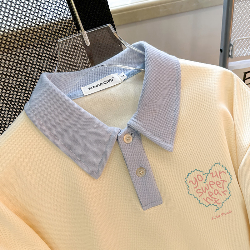 CSVQ ORIGINAL SIMPLE LOVE PRINT COLOR-BLOCKED SHORT SLEEVE T-SHIRT WOMENS SUMMER LOOSE COLLEGE POLO SHIRT LAPEL TOP