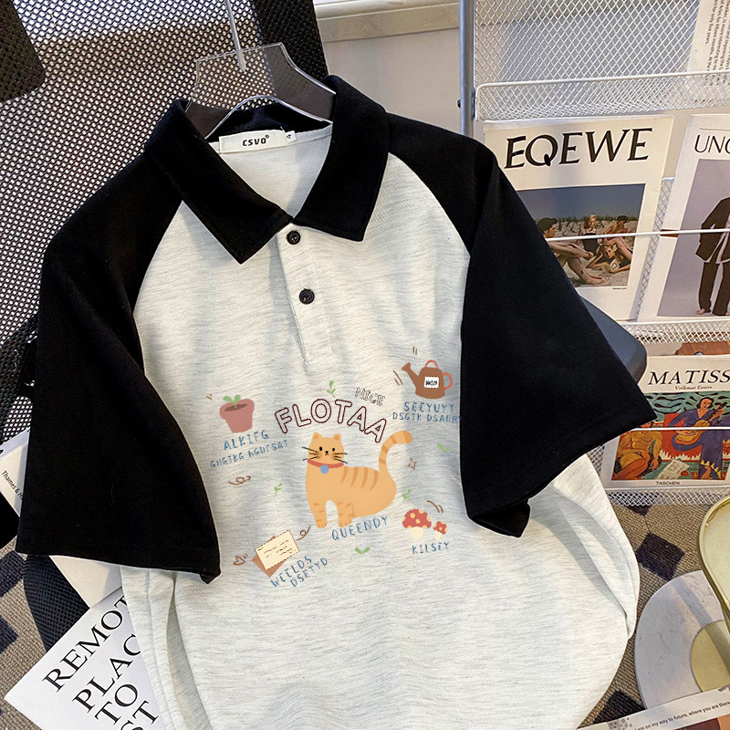 CSVQ FUN CAT RAGLAN SLEEVE POLO SHIRT SHORT SLEEVE T-SHIRT FEMALE COUPLE WEAR COLLEGE STYLE LOOSE AGE REDUCTION TOP SUMMER